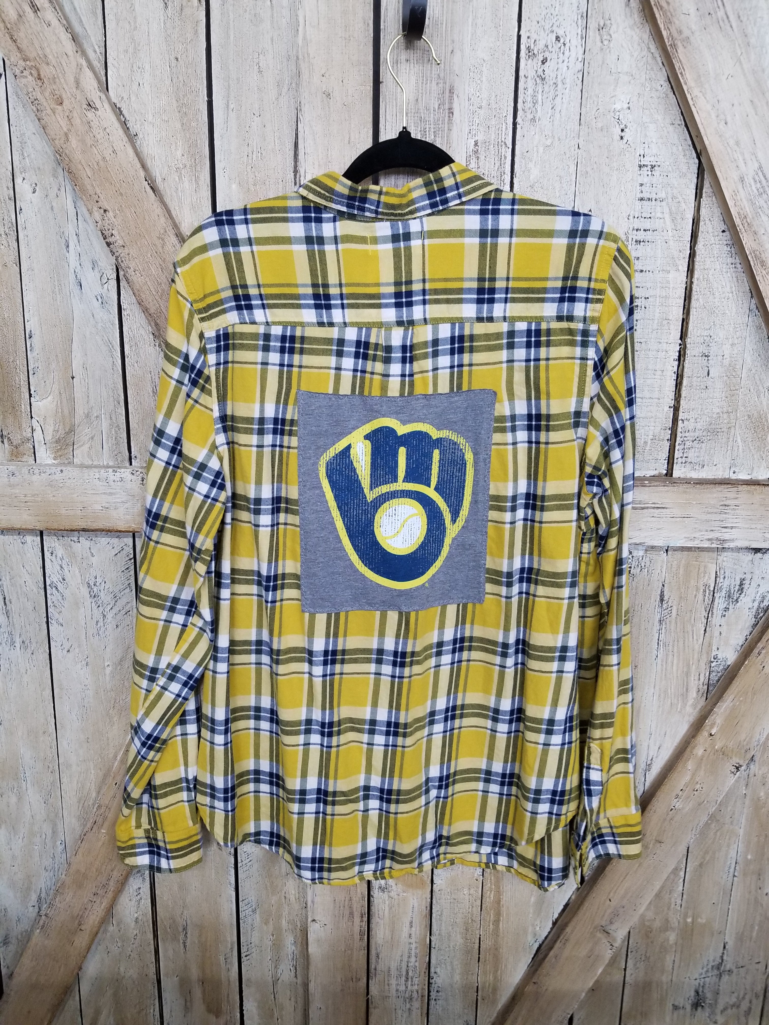 Tops, Custom Flannel Rework Shirt Upcycle Milwaukee Brewers Box Top  Oversized