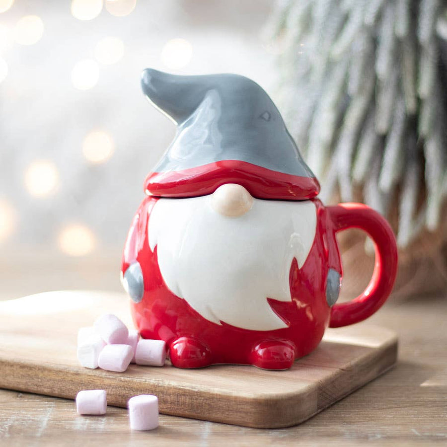 Red and Grey Christmas Gnome Lidded Mug