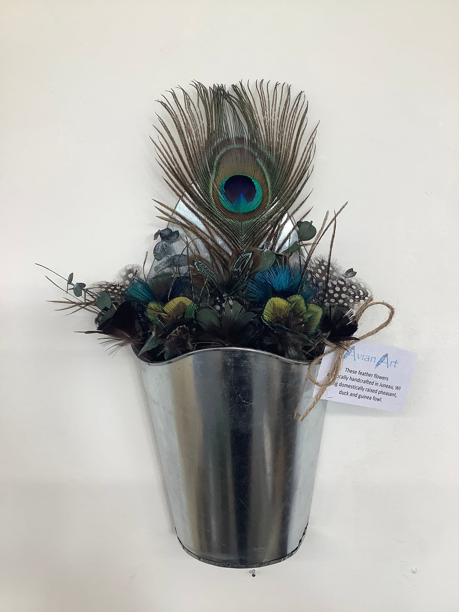 Pheasant + Mallard Duck + Guinea Fowl + Peacock Feather Flower Arrangement - Hanging Planter