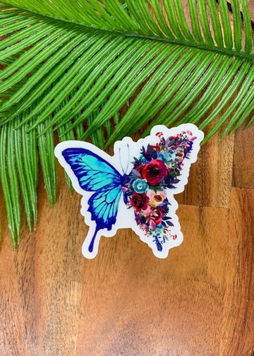 Bright Blue Floral Butterfly Clear Sticker