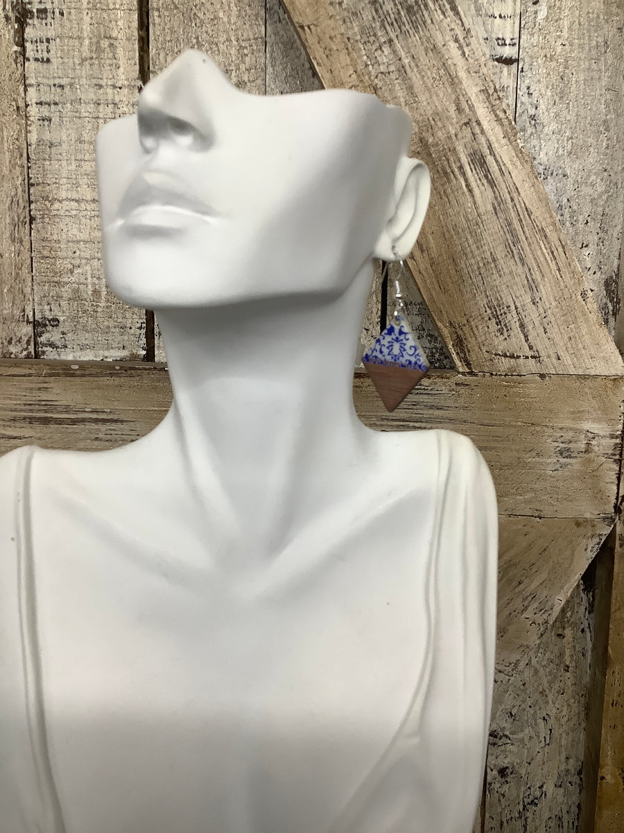 Blue + White Pattern Diamond Resin Drop Earrings