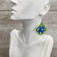 Blue & Green Diamond with Silver Bead Crochet Earrings