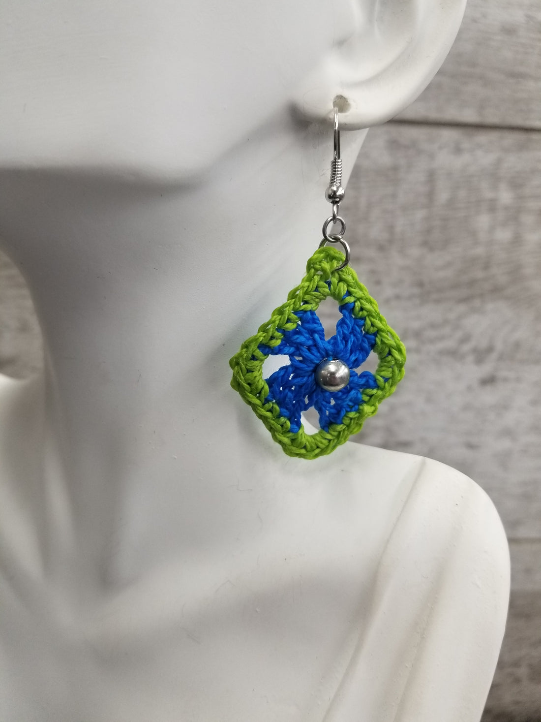 Blue & Green Diamond with Silver Bead Crochet Earrings