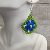 Blue & Green Diamond with Silver Bead Crochet Earrings