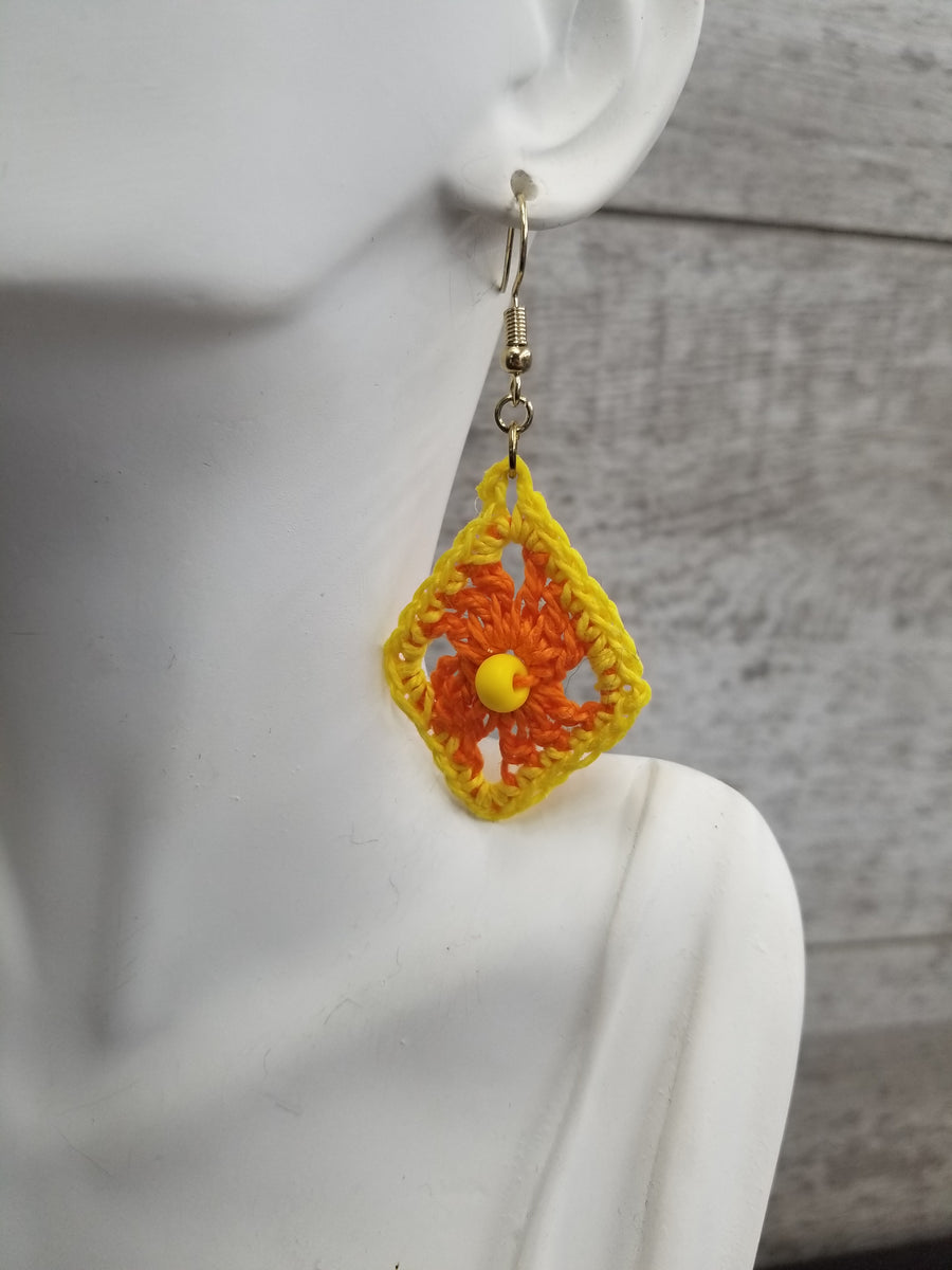 Orange Diamond with Yellow Bead Crochet Earrings