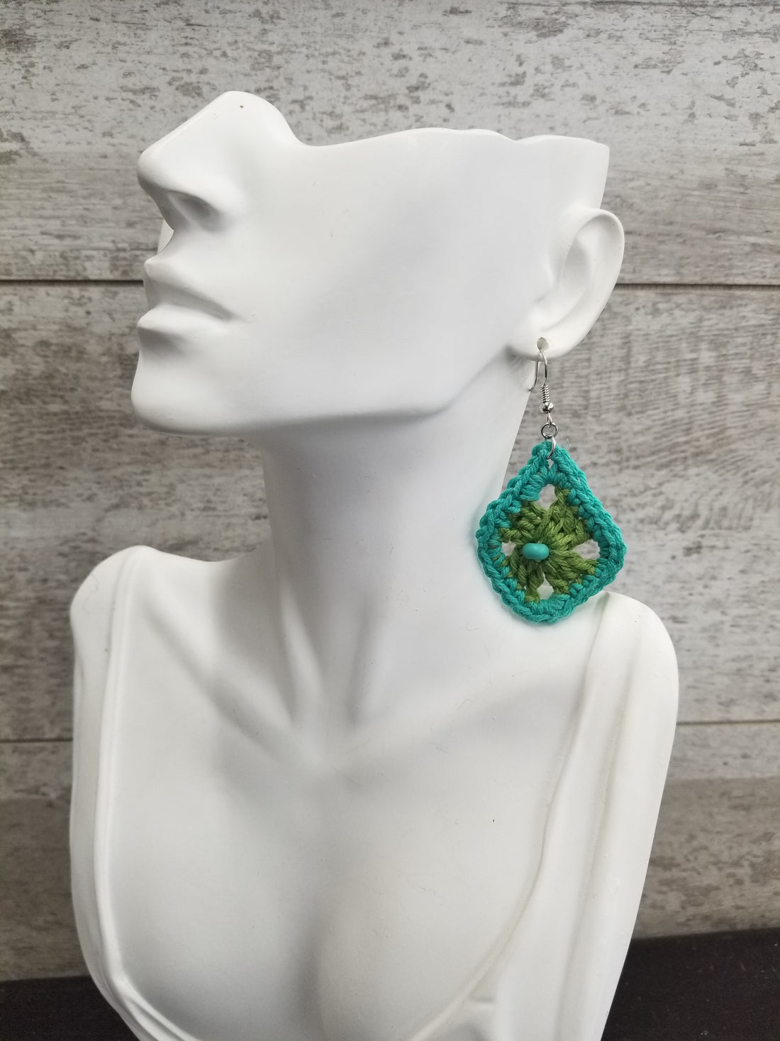 Green Diamond with Blue Bead Crochet Earrings