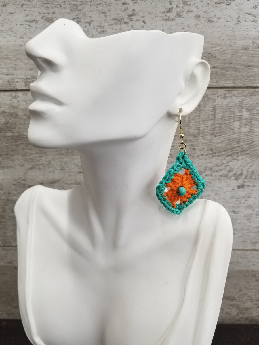 Orange Diamond with Blue Bead Crochet Earrings