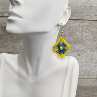 Blue Diamond with Yellow Bead Crochet Earrings