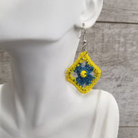 Blue Diamond with Yellow Bead Crochet Earrings