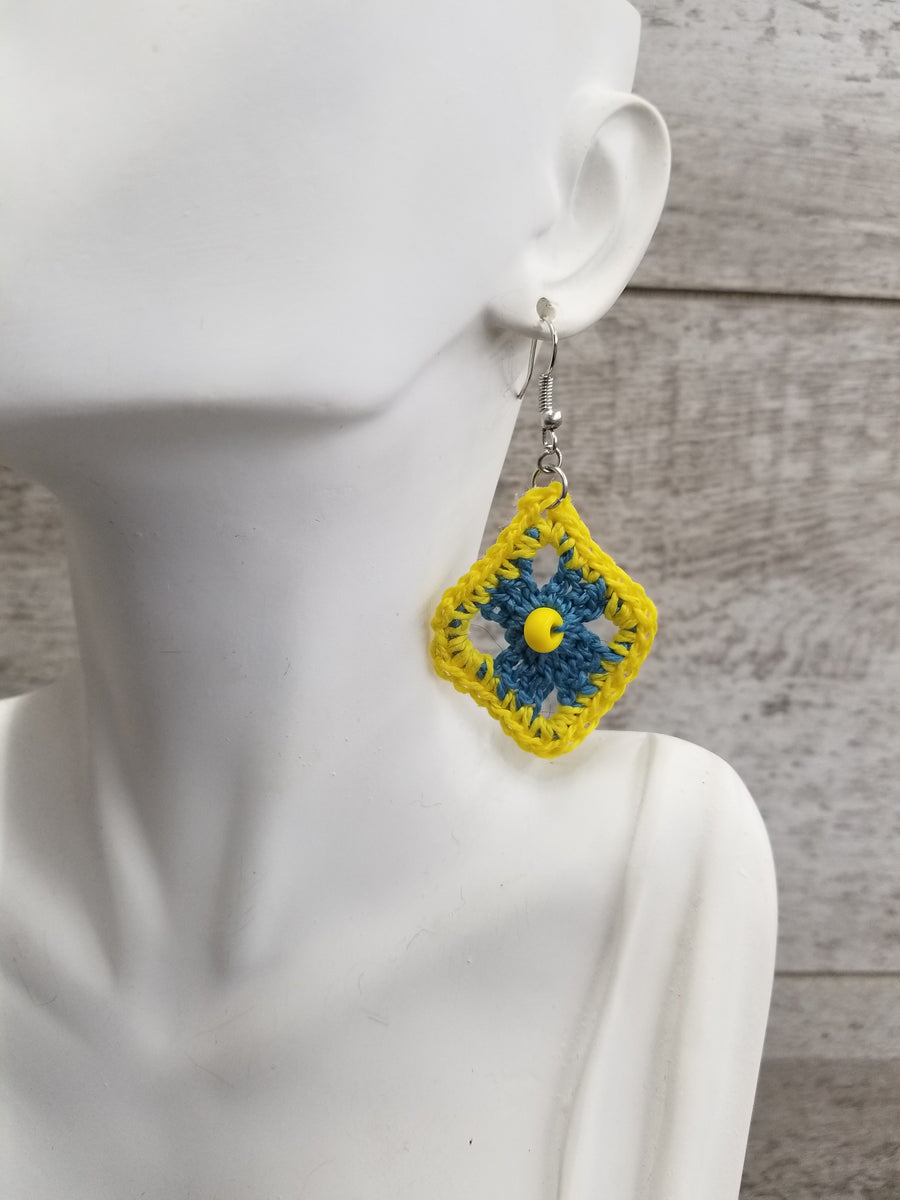 Blue Diamond with Yellow Bead Crochet Earrings