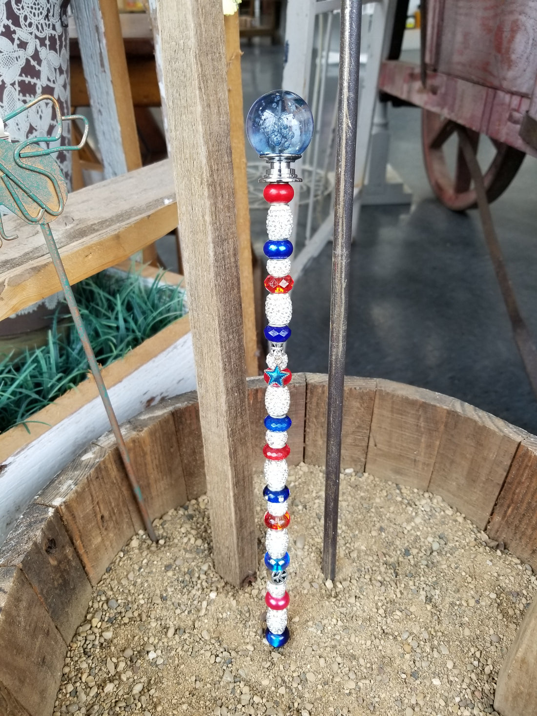 Beaded Garden Pick - Red, White + Blue