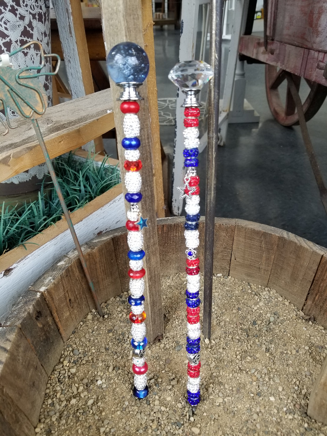 Beaded Garden Pick - Red, White + Blue