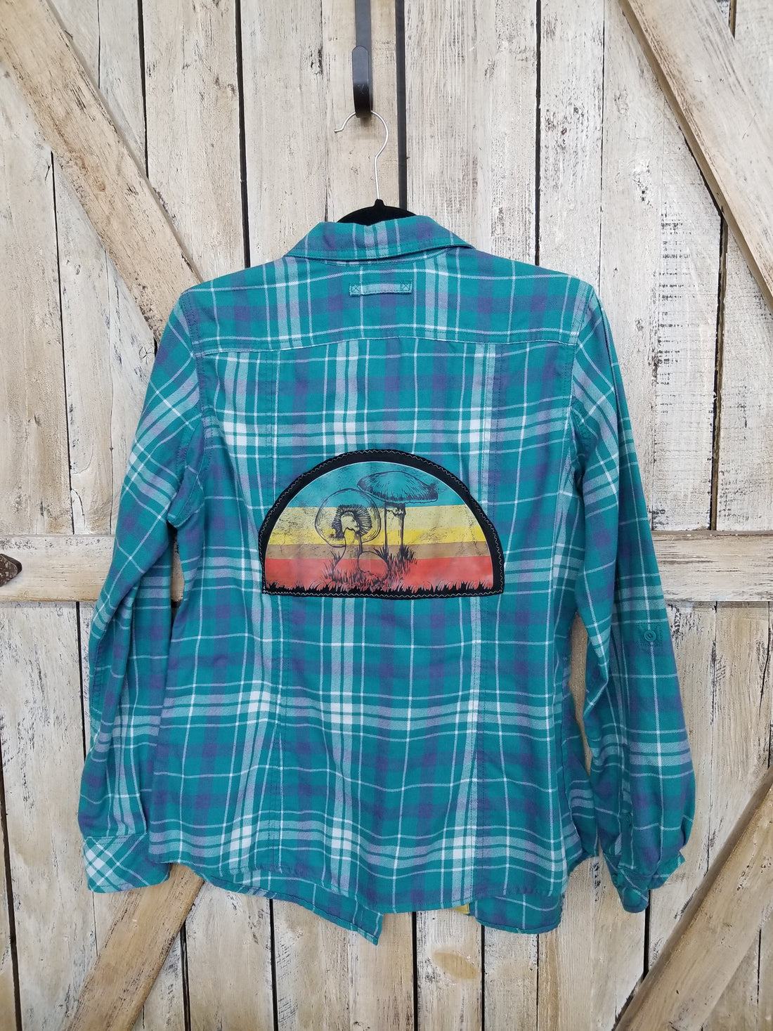 Repurposed Flannel Shirt with Mushrooms Patch