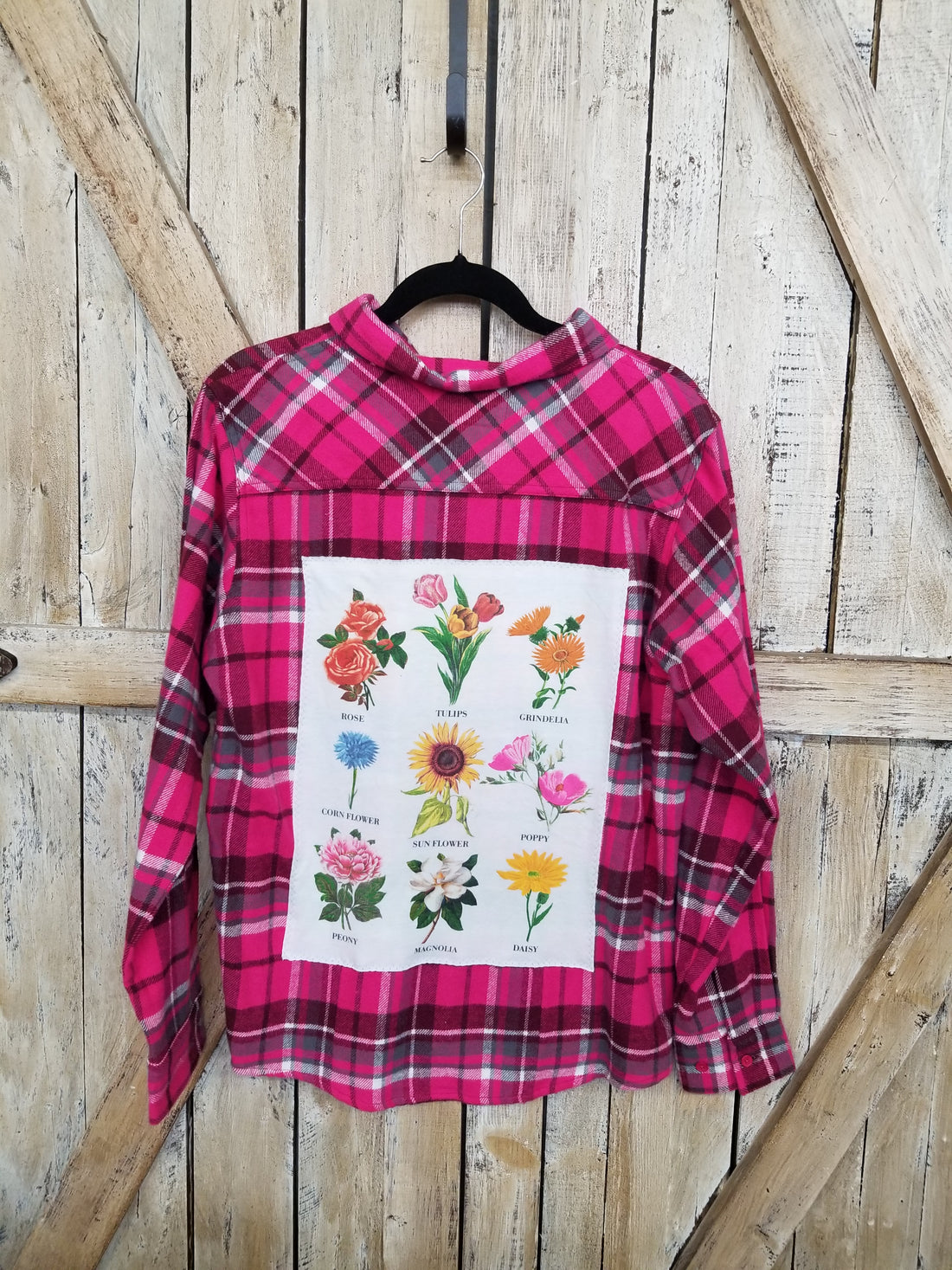 Repurposed Flannel Shirt with Flowers Patch