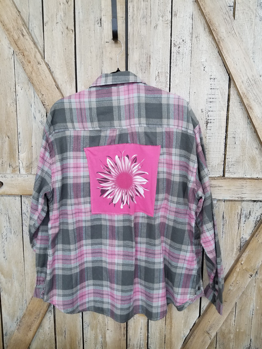 Repurposed Flannel Shirt with Pink Flower Patch