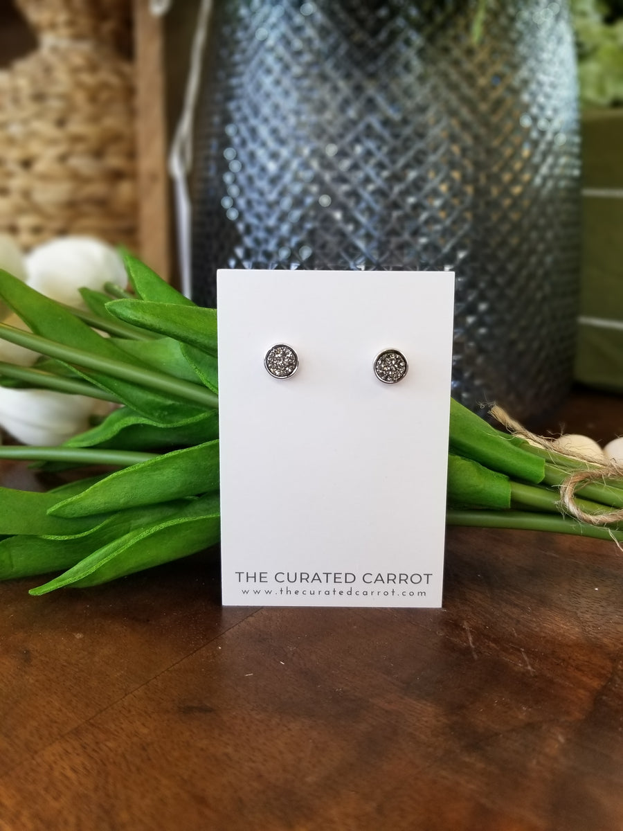 Silver Dainty Druzy Stud Earrings