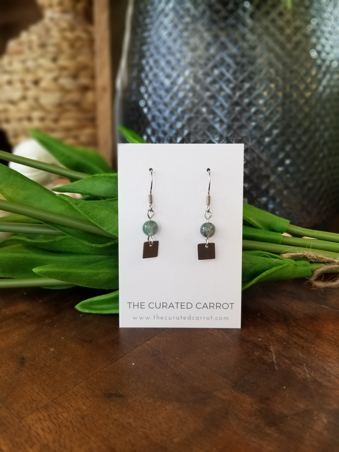 Silver Square with Marbled Green Bead Drop Earrings