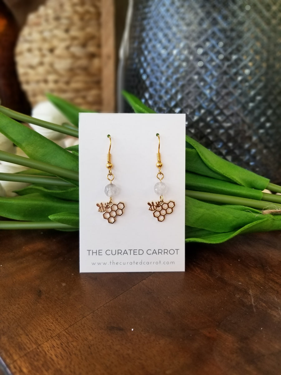 Gold Honey Comb with Cloudy Gray Bead Drop Earrings