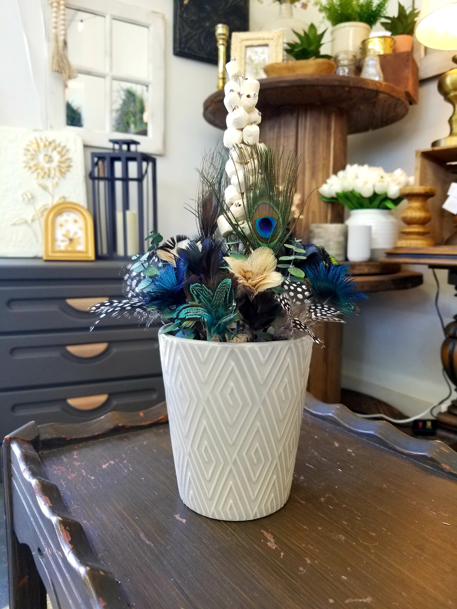 Pheasant, Peacock + Guinea Fowl Feather Flowers Grey Pot