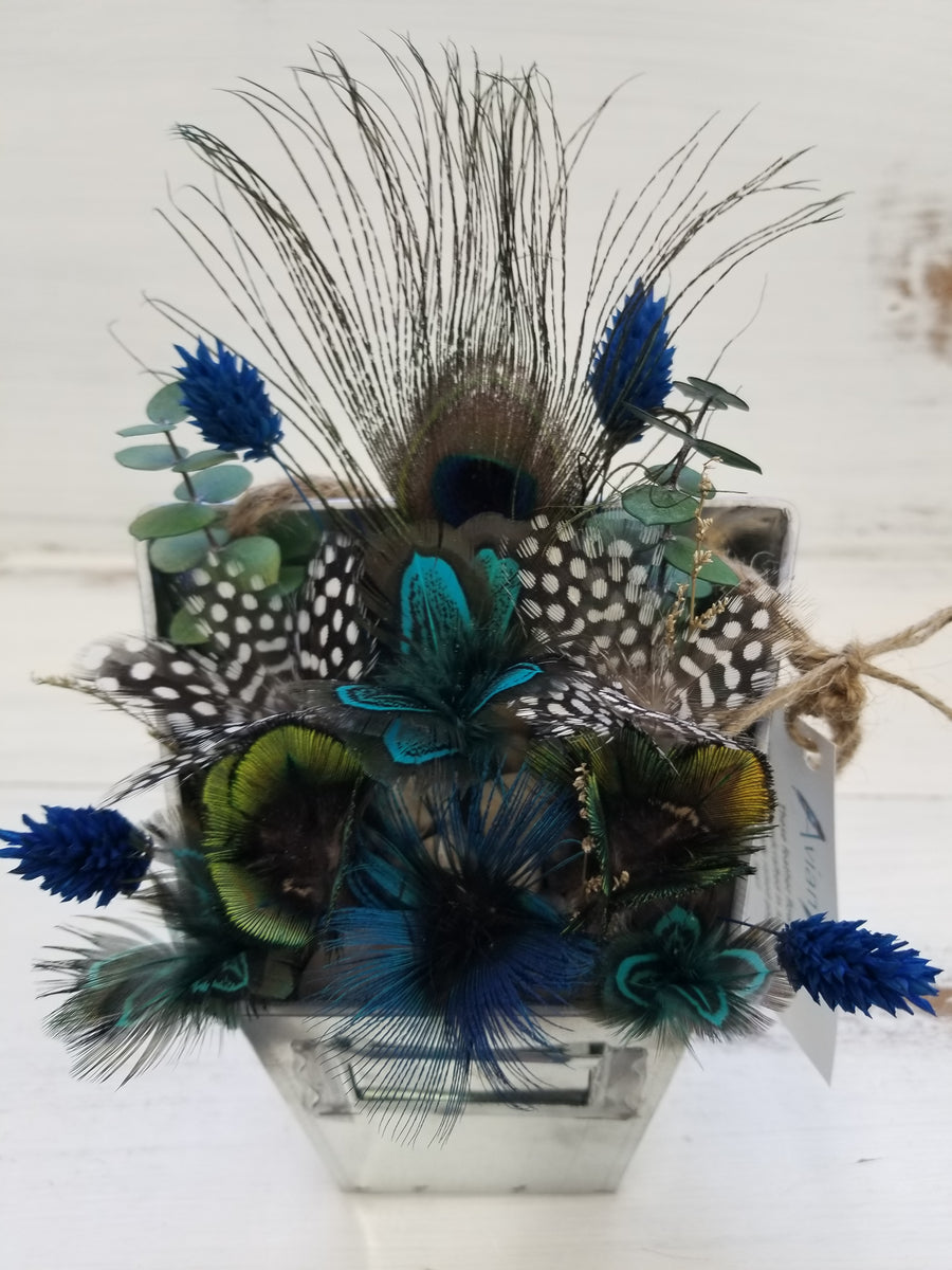 Pheasant + Peacock + Guinea Fowl Feather Flower Arrangement - Hanging Planter