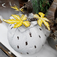 White Metal Pumpkin With Leaves