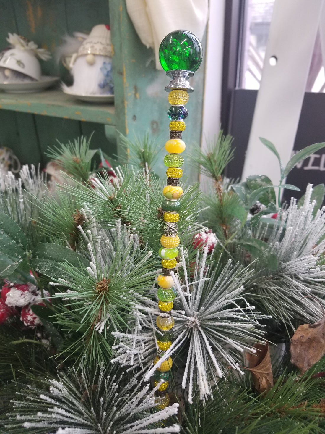 Beaded Garden Pick - Green + Gold