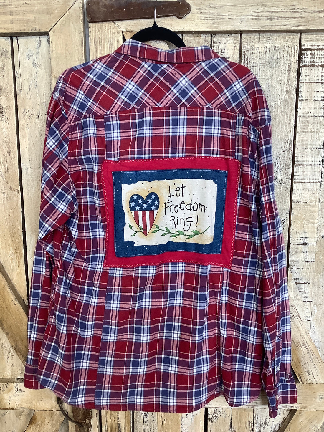 Repurposed Flannel Shirt with Let Freedom Ring Patch