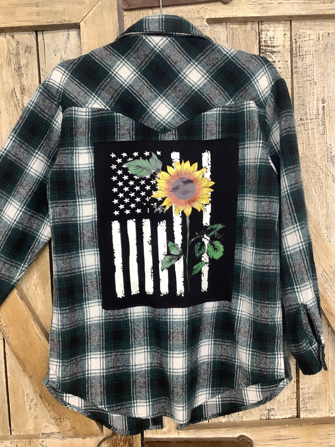 Repurposed Shirt with Sunflower + Flag Patch