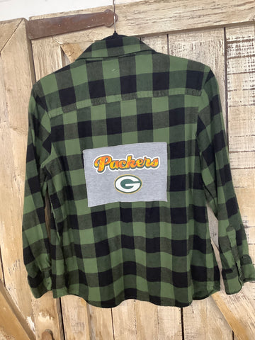 Repurposed Kid's Flannel Shirt with Green Bay Sports Patch