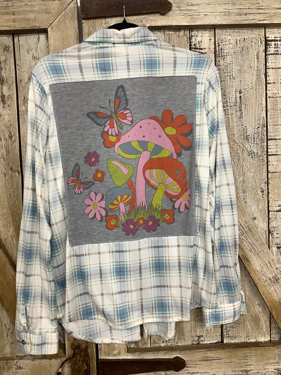 Repurposed Shirt with Groovy Mushrooms + Butterfly Patch