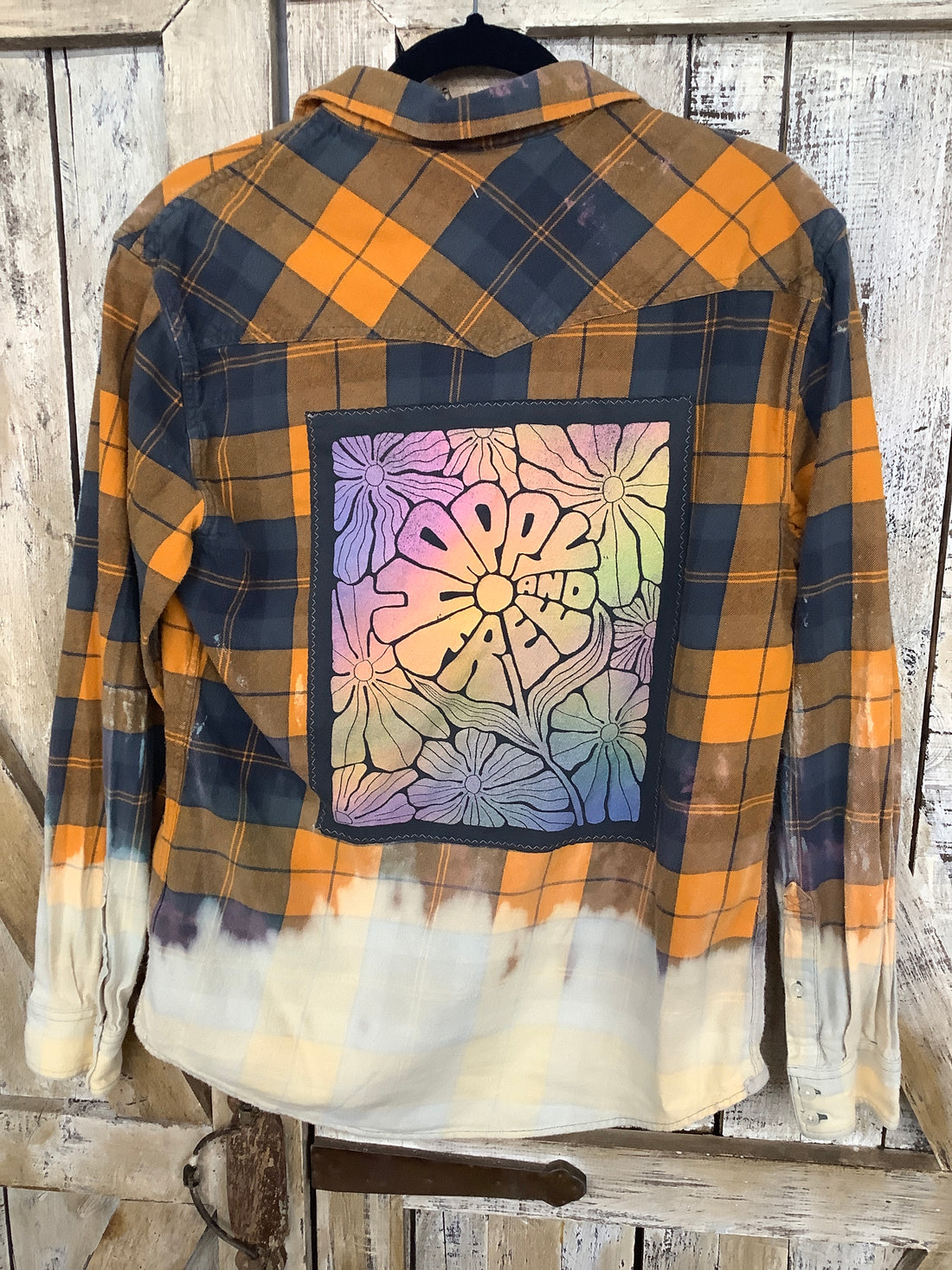 Repurposed Flannel Shirt with Happy & Free Patch