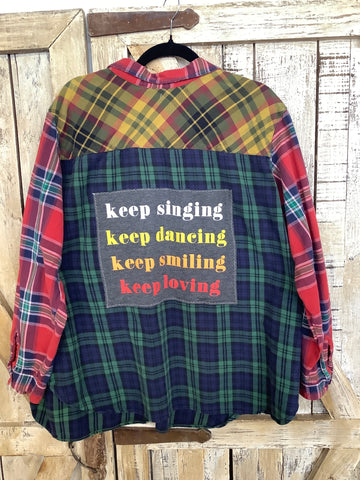 Repurposed Flannel Shirt with Keep Loving Patch