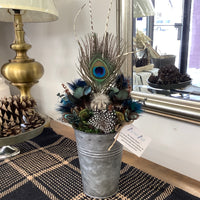 Pheasant, Peacock + Guinea Fowl Feather Flower Arrangement - Metal Can