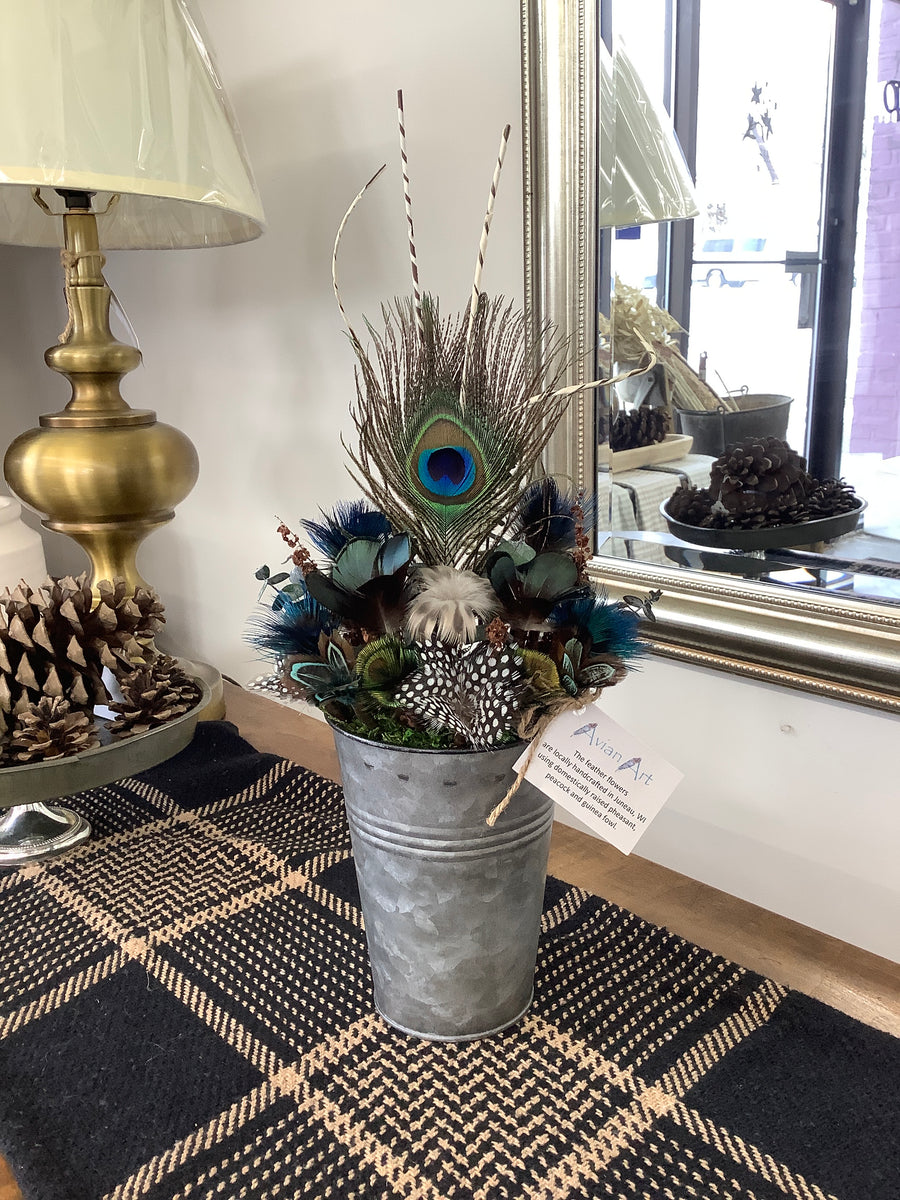 Pheasant, Peacock + Guinea Fowl Feather Flower Arrangement - Metal Can