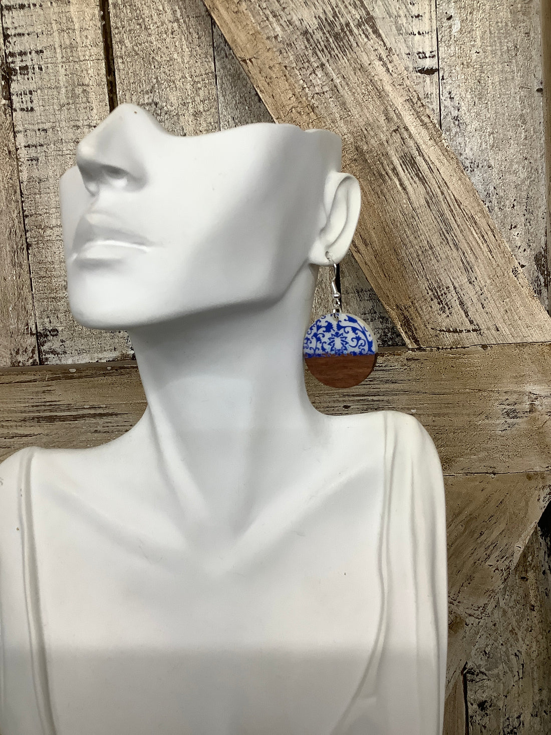 Blue + White Pattern Circle Resin Drop Earrings