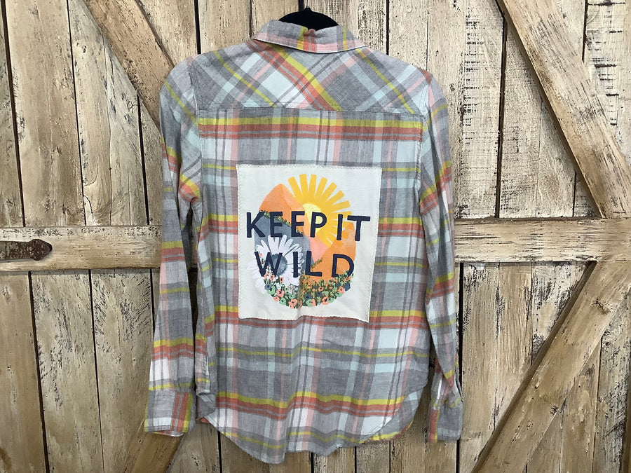 Repurposed Flannel Shirt with Keep It Wild Patch