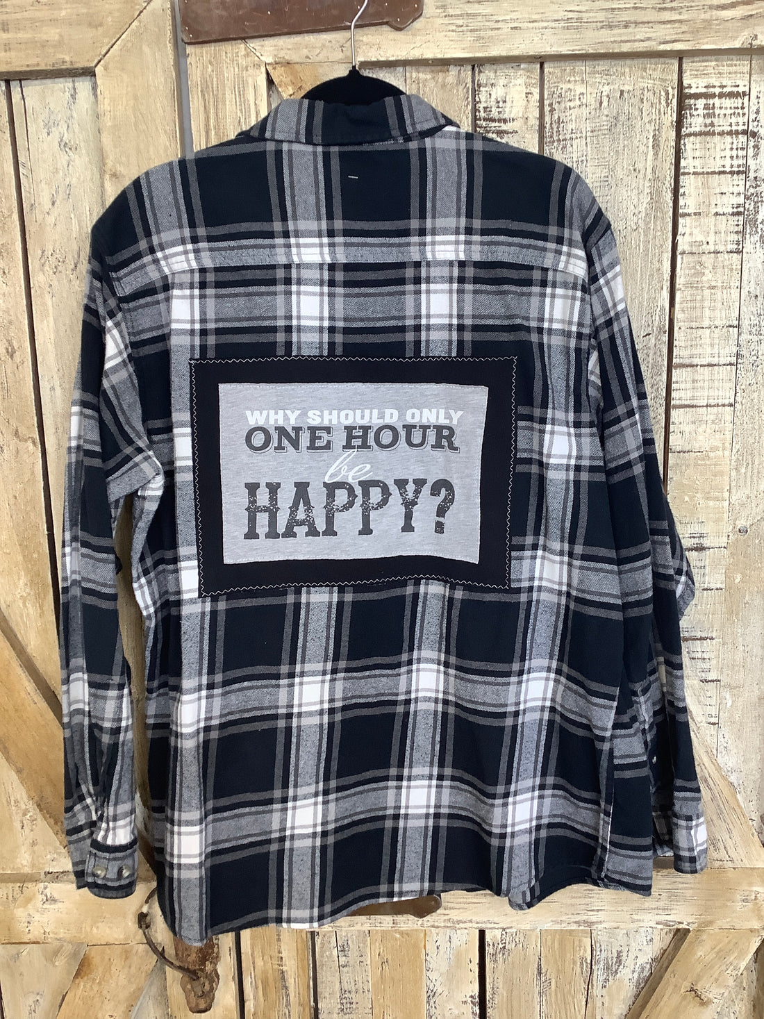 Repurposed Flannel Shirt with Happy Hour Patch