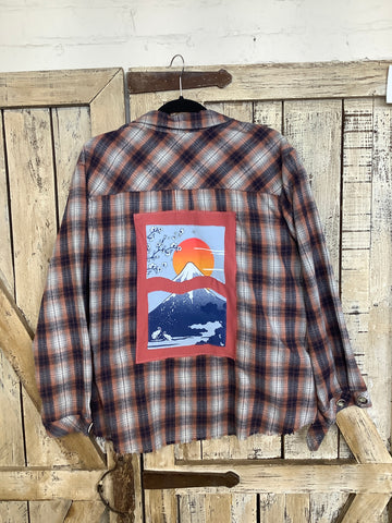 Repurposed Flannel Shirt with Japanese Scenery Patch