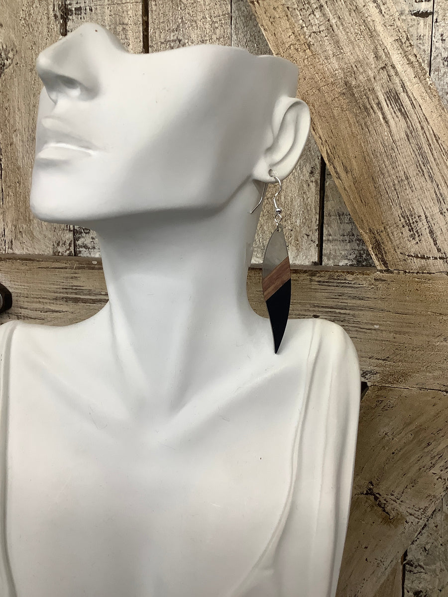 Black, Grey & Wood Curvy Resin Drop Earrings