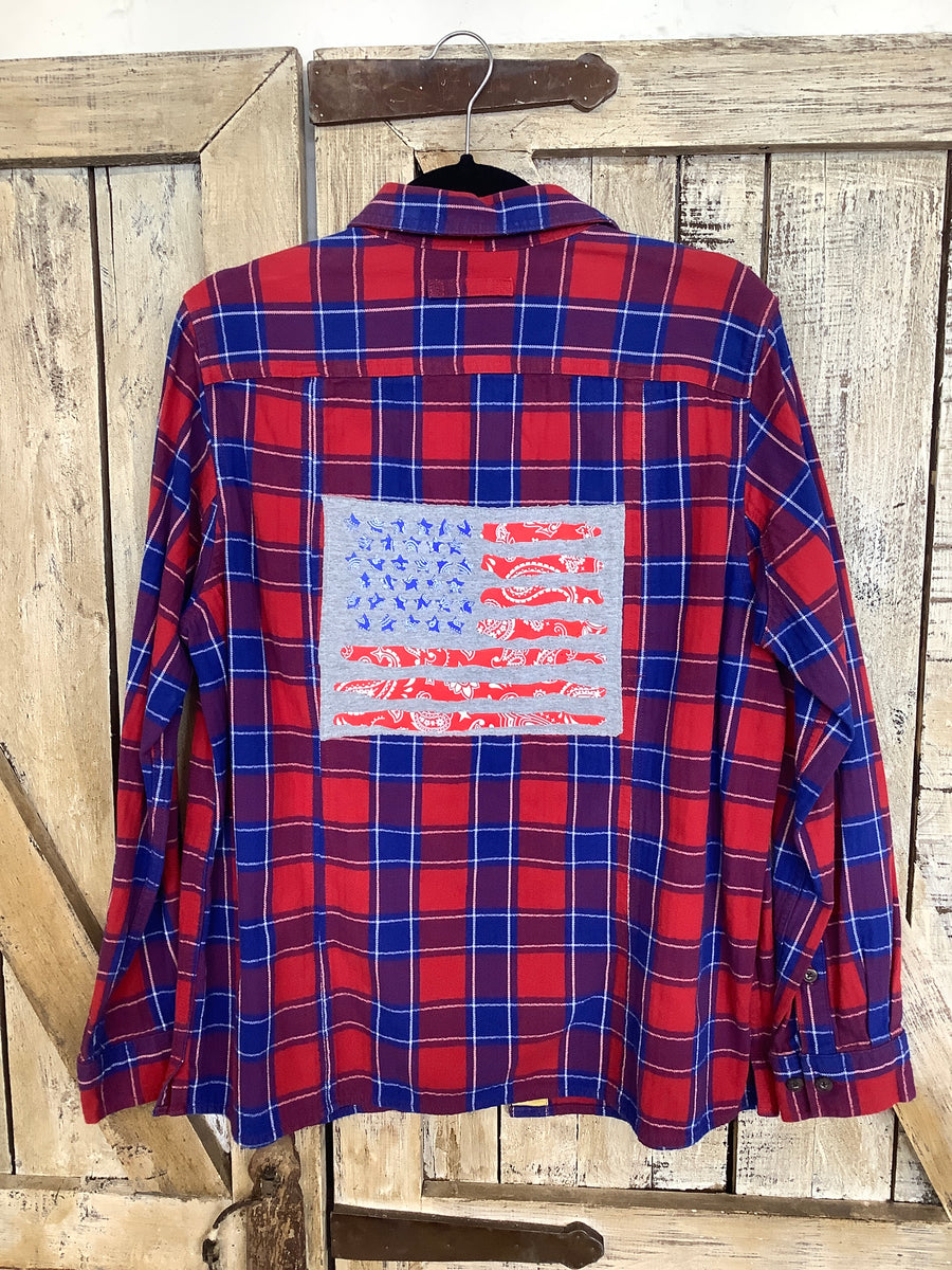 Repurposed Flannel Shirt with American Flag Patch