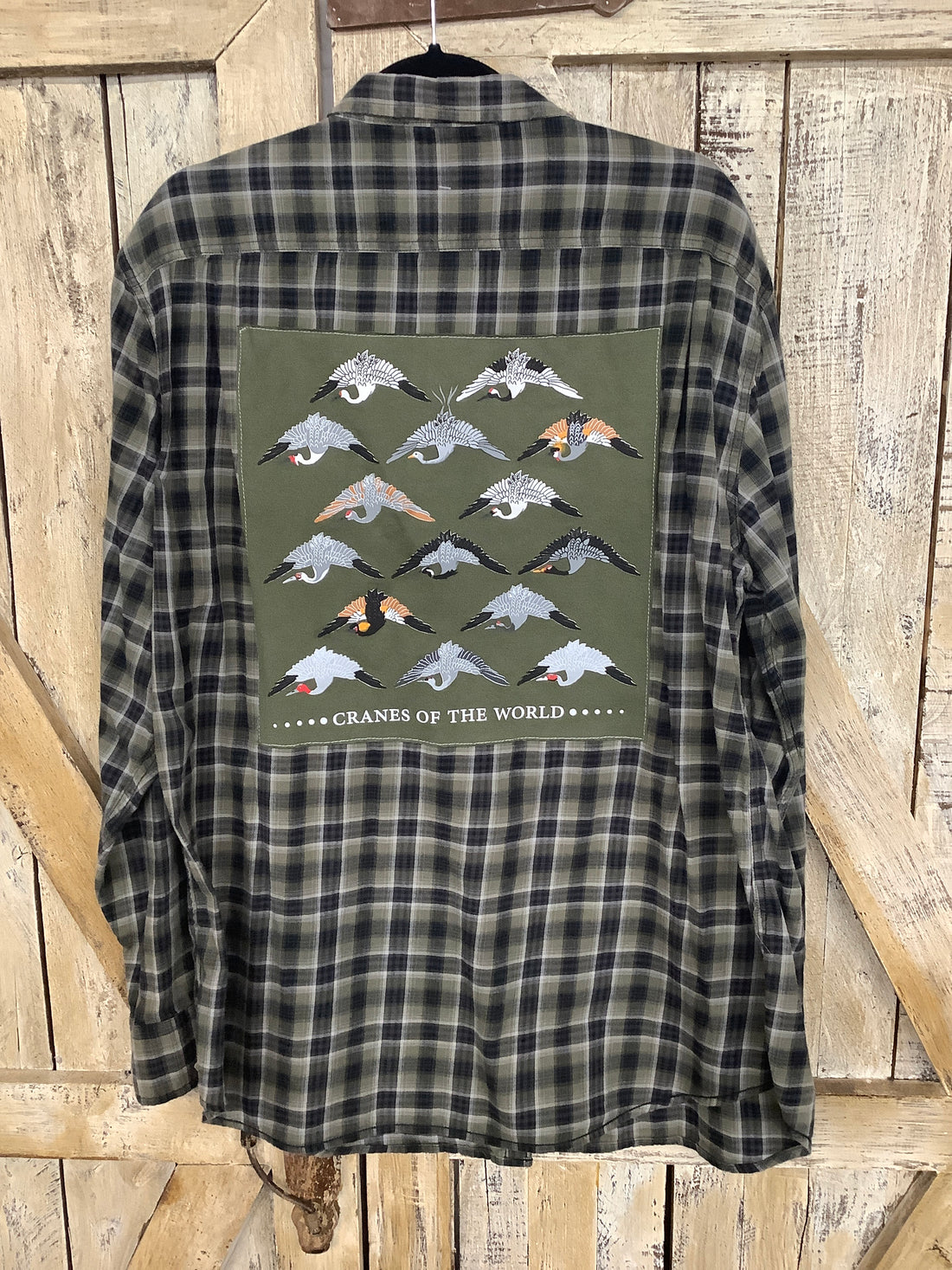 Repurposed Flannel Shirt with Cranes of the World Patch