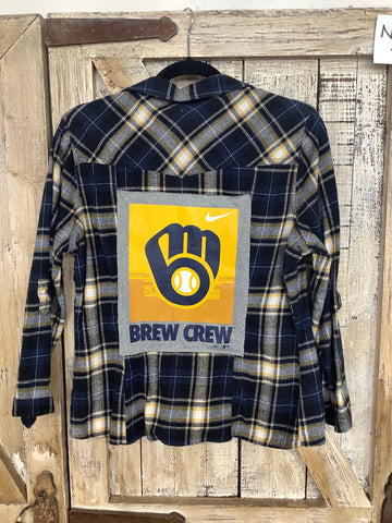 Repurposed Flannel Shirt with Baseball Crew Patch