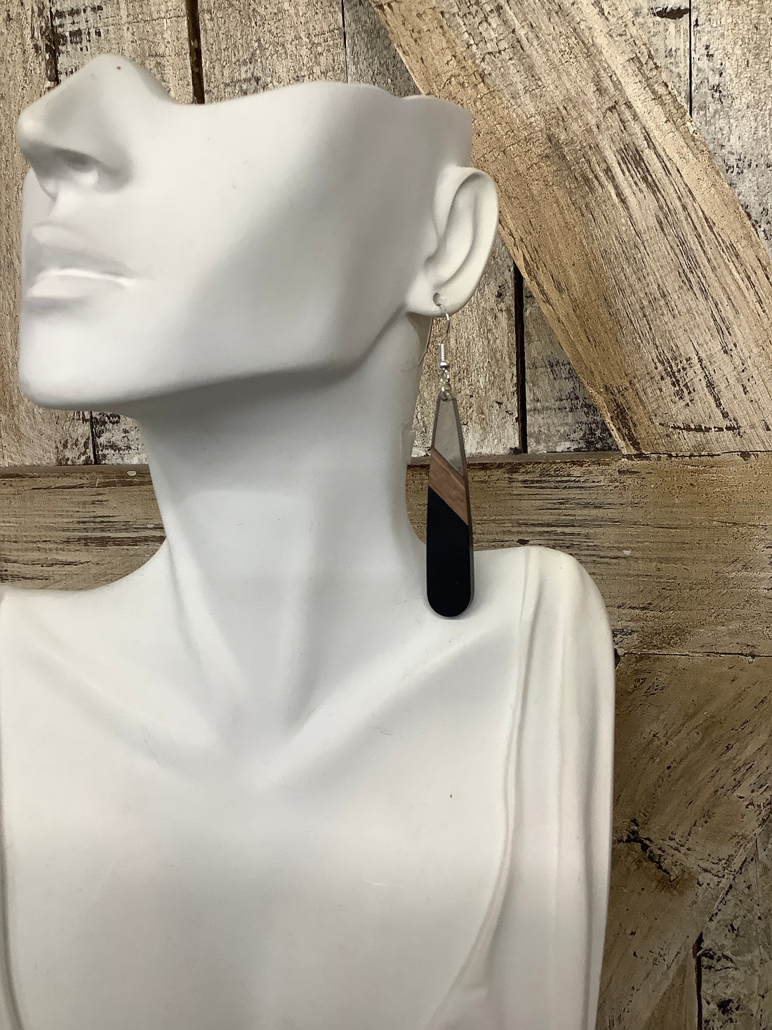 Black, Grey & Wood Teardrop Resin Drop Earrings - Large