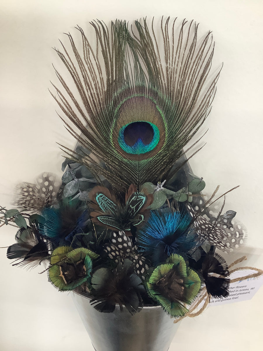 Pheasant + Mallard Duck + Guinea Fowl + Peacock Feather Flower Arrangement - Hanging Planter