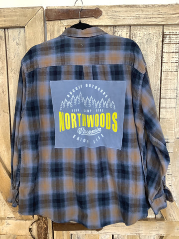 Repurposed Flannel Shirt with Northwoods Wisconsin Patch