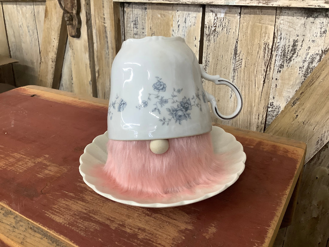 Blue Floral Teacup Pink Gnome