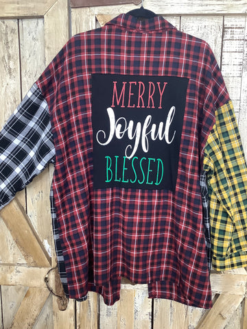 Repurposed Flannel Shirt with Merry Joyful Blessed Patch