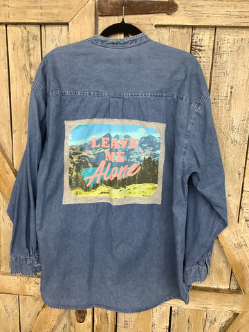 Repurposed Denim Shirt with Leave Me Alone Patch