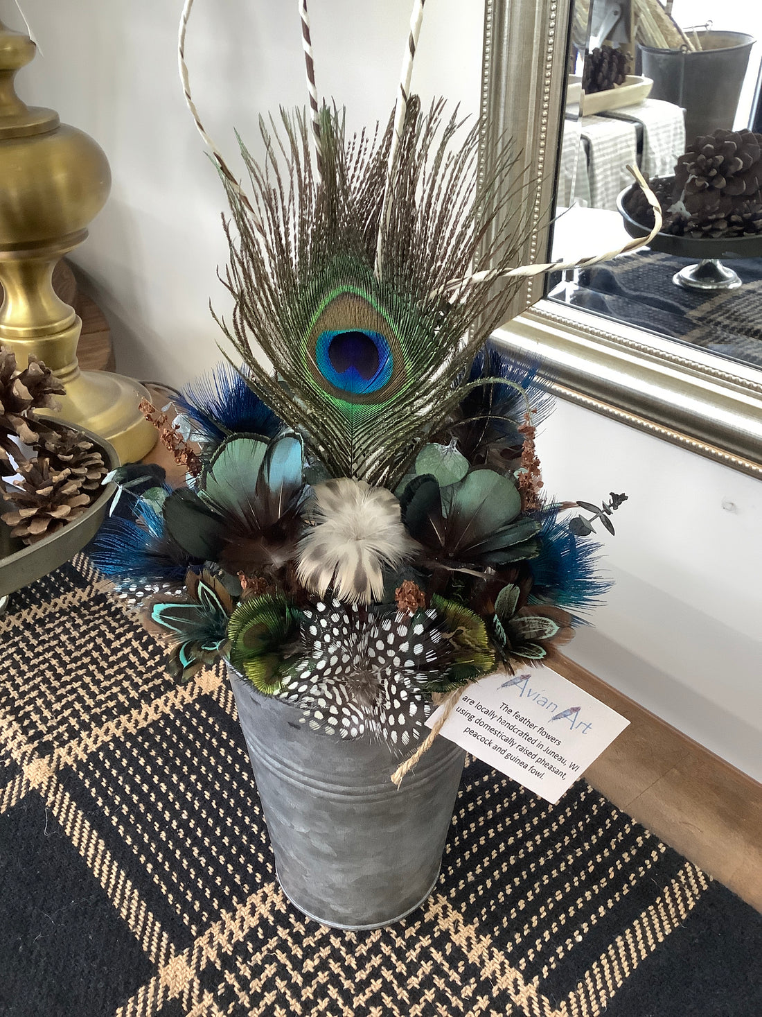 Pheasant, Peacock + Guinea Fowl Feather Flower Arrangement - Metal Can