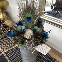 Pheasant, Peacock + Guinea Fowl Feather Flower Arrangement - Metal Can